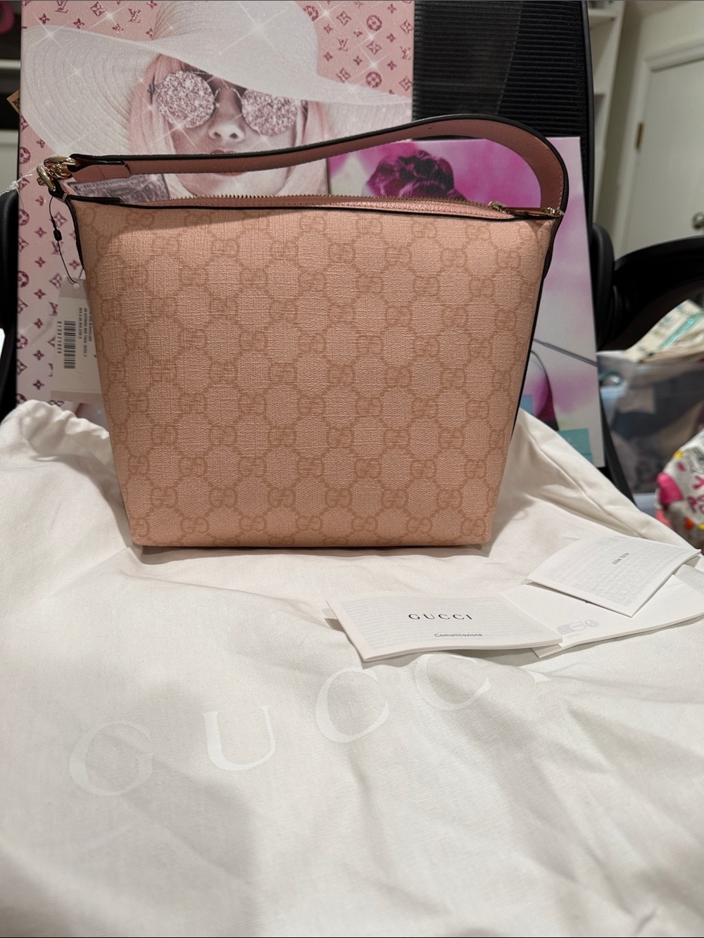 Gucci 🔥NWT- Beige 🩷Pink Monogram Shoulder Bag w/ gucci white dusty & COA